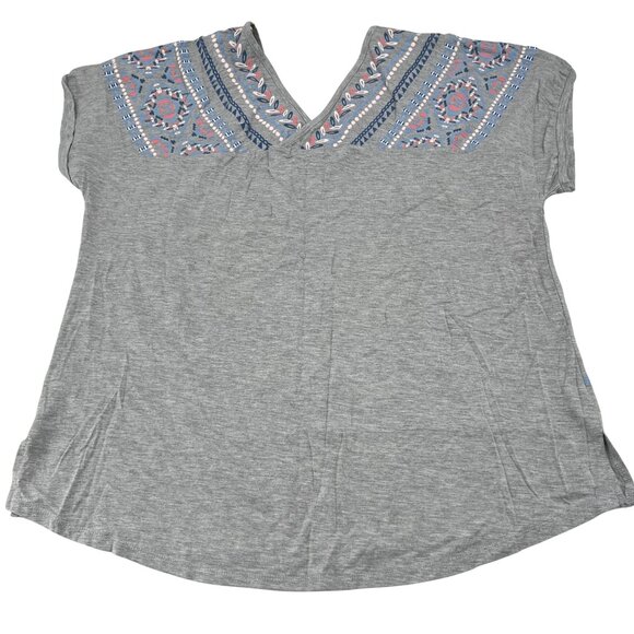 Democracy Women's XL Gray Short Sleeve V-Neck Top Embroidered Bohemian Design - Picture 6 of 6